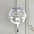 Silver mirror acrylic Merry Christmas cake topper with reindeer and star patterns - Small Silver