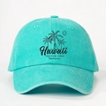 Detalle del bordado de Hawaii y estampado Positive Vibes en gorra de algodón lavado - Azul lago