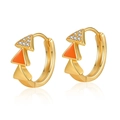 Golden geometric earrings with orange enamel and zircon studs for a modern style - Orange Triple Triangle (KE0716-1)