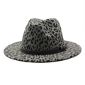 Classic grey leopard print fedora hat with wide brim and brown leather band detail - M(56-58cm) / Gray