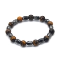 Close-up of 8mm tiger eye and hematite beaded elastic bracelet with metallic luster - Rhombus Tiger Eye Bracelet