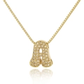 Detailed close-up of a golden box chain necklace with a crystal-encrusted letter A pendant - Letter A