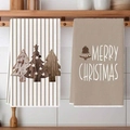 Christmas kitchen towels featuring beige stripes, wooden tree appliques and Merry Christmas print - Beige Christmas Bell Style (MJBT66-67) / 2 Pieces/Pack (40*60cm)
