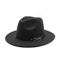 Chapeau fedora classique noir à large bord avec chaîne dorée élégante en cuir - M (56-58cm) / Noir