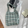 Green plaid canvas tote bag featuring white SOZAKKA embroidery and comfortable shoulder straps - Green Black Grid