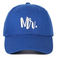 Detail of royal blue cotton baseball cap featuring white Mr. embroidery on front - Royal Blue MR