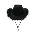 Detail of black cowboy hat featuring lush feather trim and adjustable drawstring cord - Adult Size (58cm) / Black with Silver Wire