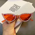 Chic cat eye sunglasses in orange with iridescent rhinestones and candy lenses - Red Lens