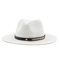 Detail of white straw fedora featuring a black ribbon band and gold metal buckle - M (56-58cm) / White