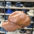 Classic brown leather newsboy hat with stitched octagonal crown and premium texture - One Size / Coffee