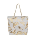 White linen tote bag with gold dolphin print and beige rope handles for women - Gold Dolphin