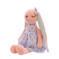 Cute pink plush rabbit toy wearing a blue floral dress and a light blue bow accessory - Blue / 45cm