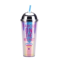 Iridescent 24oz straw cup with silver chrome dome lid and blue straw on white background - Style A/Iridescent Famous