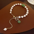 Baroque pearl and green jade beaded bracelet with golden OT clasp and tassel - 27# Gold Plated Baroque Pearl Style