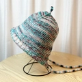 Winter knitted beanie hat in blue and purple mix with long woven straps - Blue Purple Rainbow Hat