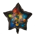Star-shaped black Happy New Year foil balloon with colorful starburst and sparkles - New Year Colorful Fireworks Star Balloon
