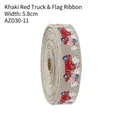 5.8cm khaki faux linen ribbon with vintage red truck and American flag star prints - 5.8cm Width Khaki Red Truck With Flag Ribbon
