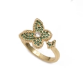 Bague ajustable papillon doré avec zircons verts et cristaux pavés sur fond blanc - Double Papillon Vert Blanc-Or