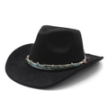 Classic black suede cowboy hat featuring a bohemian turquoise and wood bead hatband - M(56-58cm) / Black Faux Suede
