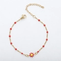 18K gold plated chain bracelet with red enamel beads and a daisy flower pendant charm - Gold+Red