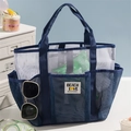 Navy blue mesh beach bag with pockets and Beach Love patch for travel storage - Navy Blue