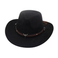 Detail of western cowboy hat featuring a leather band and metallic bull skull ornament - One Size / Black