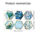 Detail view of 6-piece hexagonal wall stickers with dimensions and floral greenery designs - Layout Specification (FX-C193)