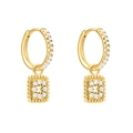 Detail of gold hoop earring featuring a rectangular pendant with zircon-encrusted letter E - White