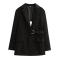 Close-up of black blazer featuring side waist cut-outs and a belt with metal ring buckle - S / Black