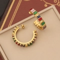 Elegant gold C-shaped stainless steel earrings with colorful rectangular zircons - 2# C-Shape
