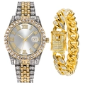 Close-up of iced-out men's watch and Cuban bracelet set with luxury crystals - White Watch + Gold Bracelet