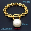 Gold stainless steel link bracelet featuring a large 20mm pearl charm and OT clasp closure - Gold Bracelet (KB163256-Z)