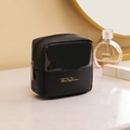 Black PU leather cosmetic bag with transparent window and gold logo for travel - Small / Black