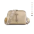 Champagne gold crossbody bag with lychee texture and geometric pattern wide strap - Gold