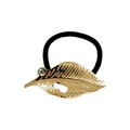 Eleganter goldener Blatt-Haargummi mit Blattadern und Strassstein auf schwarzem Gummiband - Hohles Blatt mit Strass