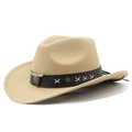 Detail of khaki wool felt cowboy hat with leather band and metal bull head buckle - M (56-58cm) Adjustable / Camel