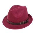 Classic burgundy wool fedora hat with dark brown leather belt buckle for men - M (56-58cm) / Burgundy