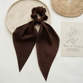Elegant deep brown satin scrunchie with long ribbon bow in premium silky finish - Coffee
