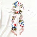 Elegant floral and magpie print long silk scarf twilly on a creamy white background - Cream Oriental Bird and Flower Style (T414-4)