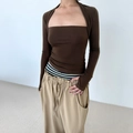 Deep brown two-piece slim fit knit top with shrug and matching khaki drawstring pants - S / Brown