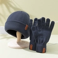 Conjunto de gorro y guantes de punto azul marino con parche de cuero para invierno - Azul oscuro