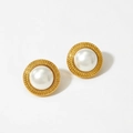 Elegant 316L stainless steel pearl stud earrings with vintage gold beaded texture - Gold Round Bead Edge Earrings D2843