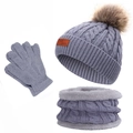 Kinder Winter Strickmütze Schal und Handschuhe Set grau warme dicke weiche Bommelmütze - 3-Teiliges Set (Mütze + Schal + Handschuhe) / Einzelbommel / Grau