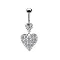 Macro shot of silver heart belly ring with sparkling crystals and angel wings on white - Silver Full Rhinestone Heart