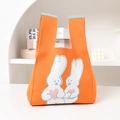 Cute knitted tote bag in orange featuring white bunnies with hearts and blue trim - Orange Heart Rabbit
