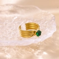 Gold plated zircon ring with green stone and multi-layer wave band design - Green Style (R00911G-G)