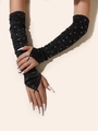 Detail of long black lace gloves with sparkling rhinestones and elegant ruched design - Ruched Satin Rhinestone Style / Black