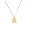 Detail of golden stainless steel necklace featuring a textured letter R pendant on a flat chain - Letter R