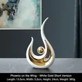 Scultura moderna Fenice in ceramica bianca e oro con sfera dorata, formato piccolo 24cm - Volo di Fenice - Bianco Oro Corto
