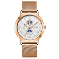 Rose gold multi-function watch with mesh strap, lunar phase dial, and Roman numerals - White Dial Rose Gold Case Rose Gold Mesh Strap